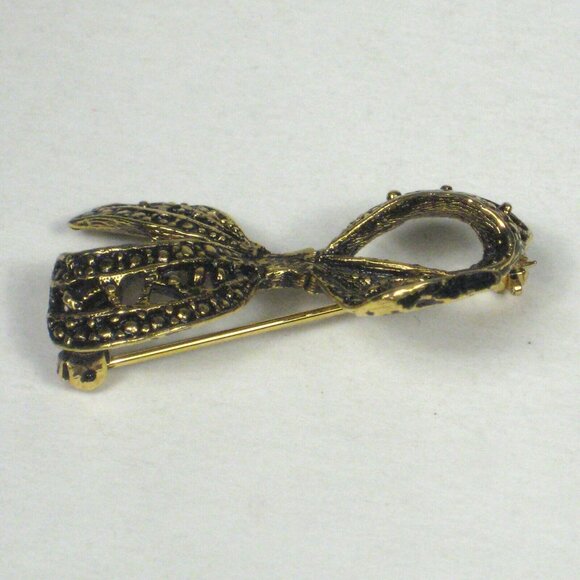 Bow Jewelry Brooch Pin 1 Inch Metal Goldtone Womens Black Ribbon - Picture 3 of 5